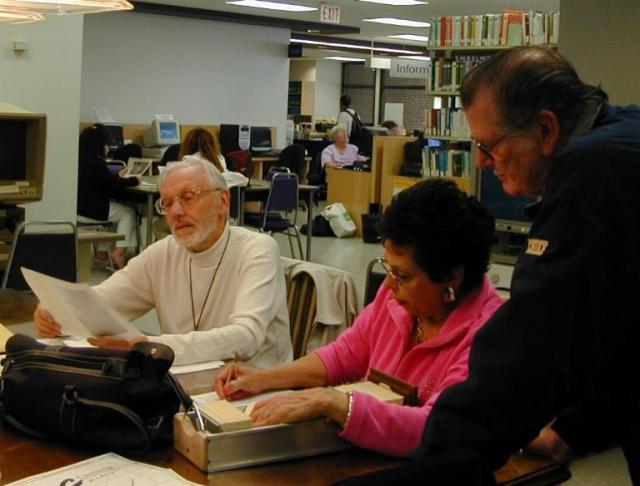 George Aldis, Diana Skaggs and Walter Aldis in Chatham Kent Ontario (Canada) Library: George Aldis – (relative of Robert Aldis) Northampton England, Diana Skaggs (direct descendent of Mary Ann)  Detroit USA) and Walter Aldis (direct descendent of Mary Ann) Detroit USA -  working on original documents in the Chatham Kent Ontario (Canada)