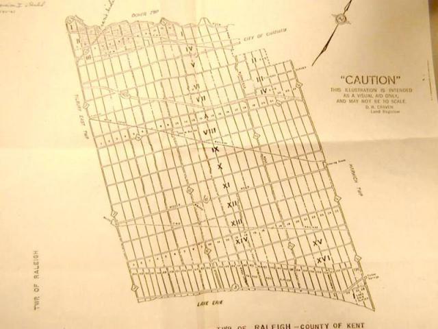 Map in the County Record Office in Chatham showing the original Concessions or lots for sale. Mary Ann  would have chosen her lot from this map. It was Lot 22 in the 8th Concession in Raleigh Township.