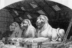 This drawing shows masons working on the huge lions that were to guard the entry to the bridge. They were designed by the sculptor John Thomas.