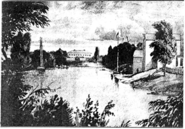 River Thames at Chatham – looking east towards the Barracks on Military Reserve from a paining done c 1838 by Lt. Col Bainbridge.